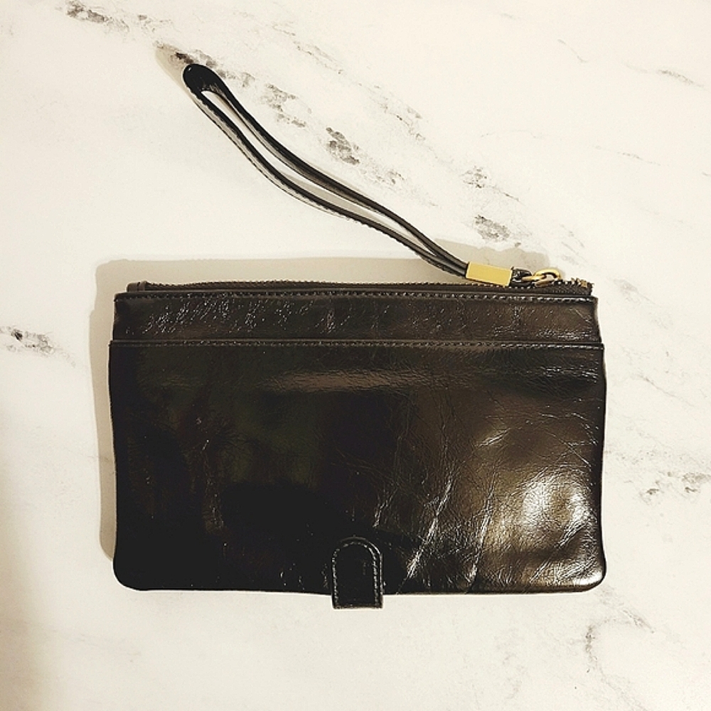 HOBO Shiny Black Distressed Leather Wristlet Wallet With Wanderlust Lining - Picture 2 of 11